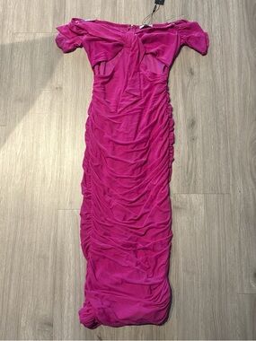 Off-Shoulder Ruched Midi Dress in Fuchsia